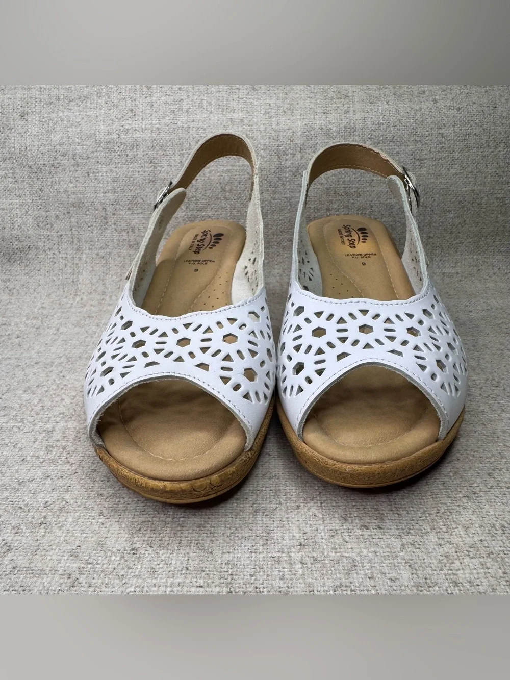 Spring Step Wedge Slingback Sandals white leather sz 9 peep toe design laser cut